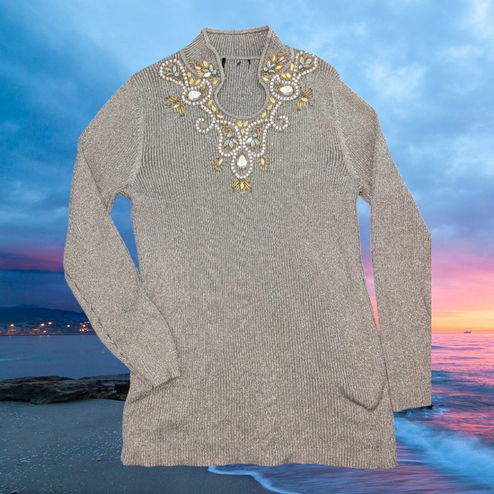 Lauren Michelle sweater pullover dressy silver gray/ rhinestone embellishment